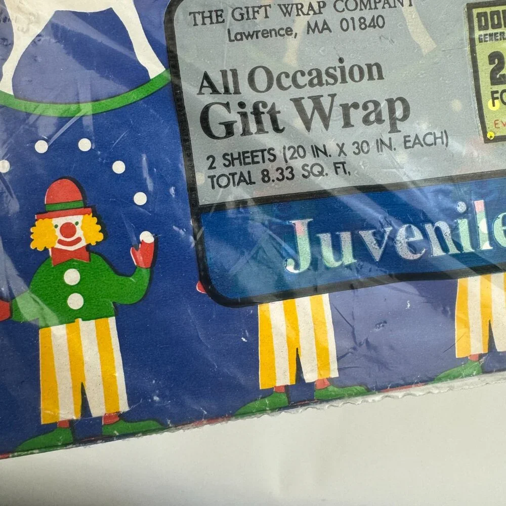 Vtg Child Gift‎ Wrap Company Paper Blue Clowns Trains Horses 2 Sheets in Pack